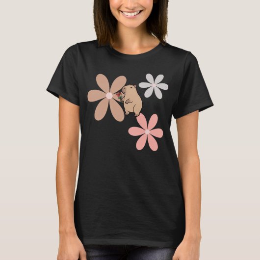 花を持つキュートなカピバラ Tシャツ (正面)