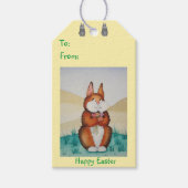 花を持つキュートな茶色のバニーかわいらしウサギ ギフトタグ (正面)