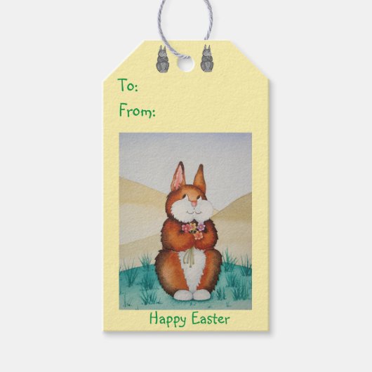 花を持つキュートな茶色のバニーかわいらしウサギ ギフトタグ (正面)