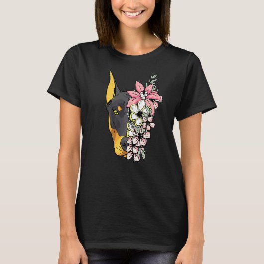 花を持つドーベルマン Tシャツ (正面)
