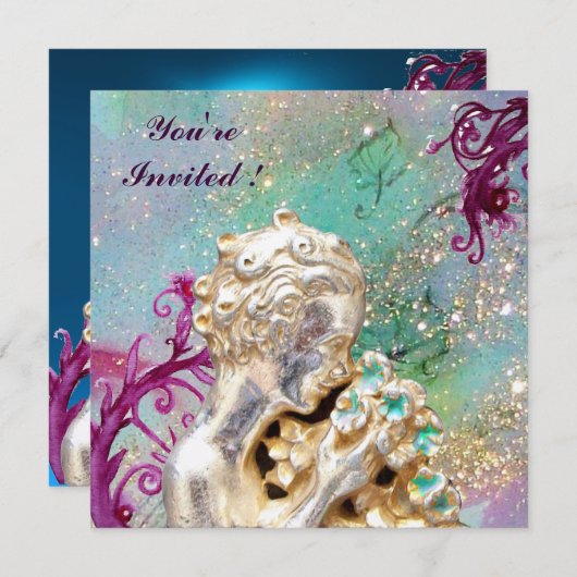 花を持つ女の子の金ゴールドきらめき，ブルーサファイア 招待状 (正面/裏面)