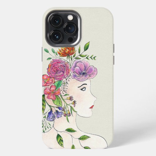 花を持つ女性のイラスト iPhoneケース (裏面)