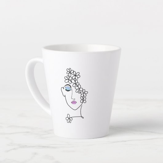 花を持つ女性の線画 カフェラテマグ (左アングル)