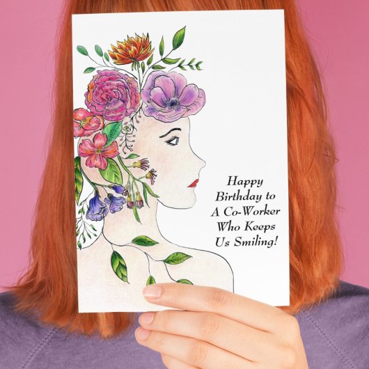 花を持つ女性の誕生日 お世話になっている同僚へ カード