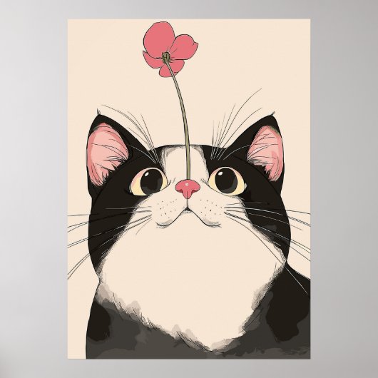 花を持つ好奇心旺盛な猫 ポスター (正面)
