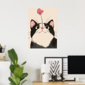 花を持つ好奇心旺盛な猫 ポスター (ホームオフィス)