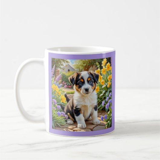 花を持つ子犬 コーヒーマグカップ (左)