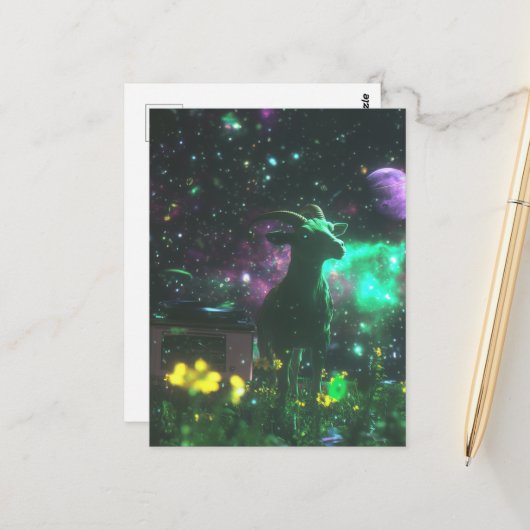 花を持つ宇宙のサイファイ ヤギ ファンタジー ポストカード (正面/裏面インサイチュ)