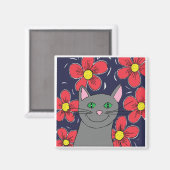 花を持つ灰色の猫 マグネット (正面/裏面)