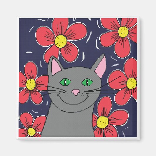 花を持つ灰色の猫 マグネット (正面)