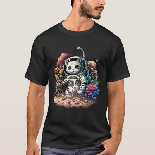 花を持つ猫の宇宙飛行士、猫のグラフィック Tシャツ (正面)