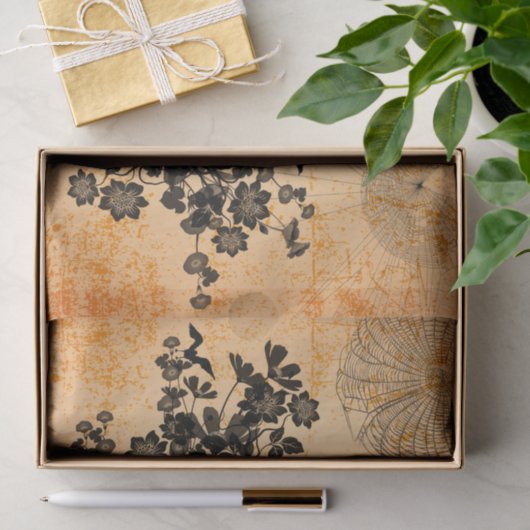 花を持つ翼そしてカラスが付いているスカル 薄葉紙 (ギフト)