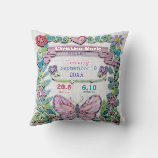 花を持つ誕生Statsの女の赤ちゃんの蝶 クッション (裏面)