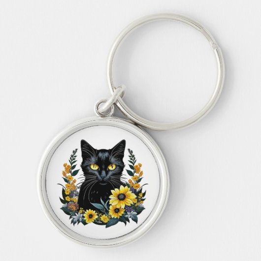 花を持つ黒猫 キーホルダー (正面)