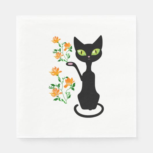花を持つ黒猫 スタンダードランチョンナプキン (正面)