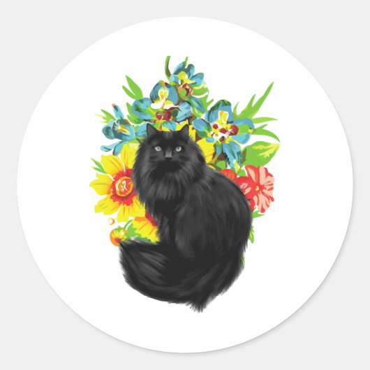 花を持つ黒猫 ラウンドシール (正面)