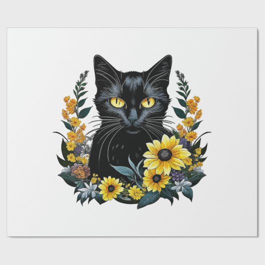 花を持つ黒猫 ラッピングペーパー (フラット)
