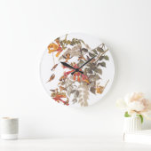 花を持つAudubonのルビー色のThroatedハチドリ ラージ壁時計 (ホーム)