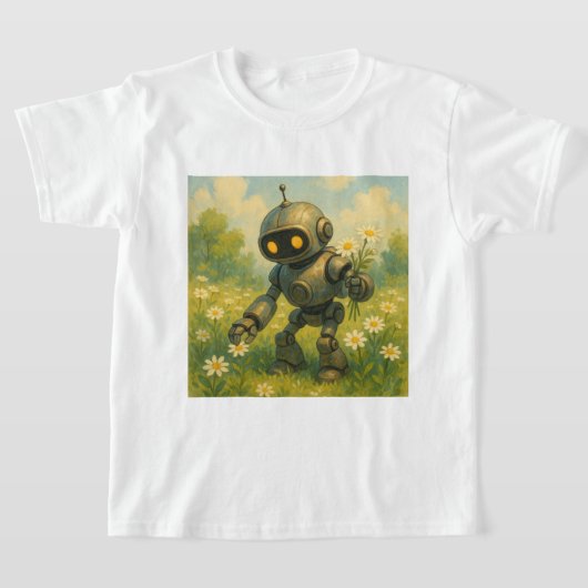 花を摘むロボット Tシャツ (レイダウン)