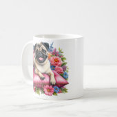 花を水彩で枕にパグ犬 コーヒーマグカップ (正面左)