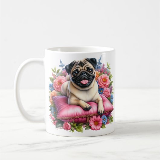 花を水彩で枕にパグ犬 コーヒーマグカップ (左)