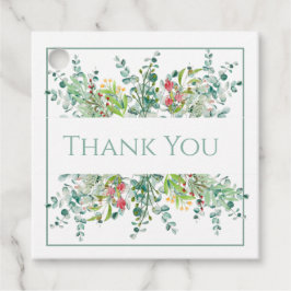 花を添えたエレガントなグリーン　水彩画のサンキューカード フェイバータグ