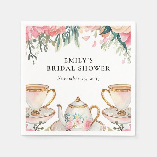 花を添えたエレガントなティーパーティーのウェディングシャワー スタンダードカクテルナプキン (正面)