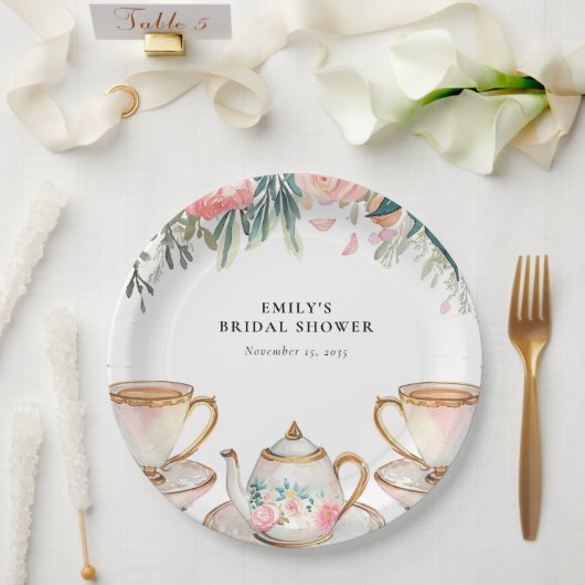 花を添えたエレガントなティーパーティーのウェディングシャワー ペーパープレート (ウェディング)
