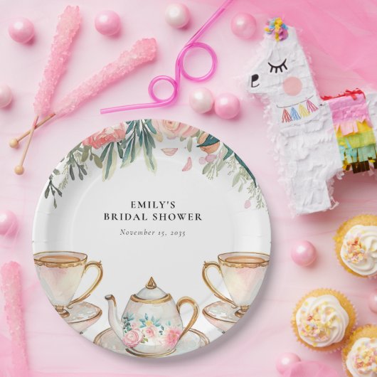 花を添えたエレガントなティーパーティーのウェディングシャワー ペーパープレート (パーティー)