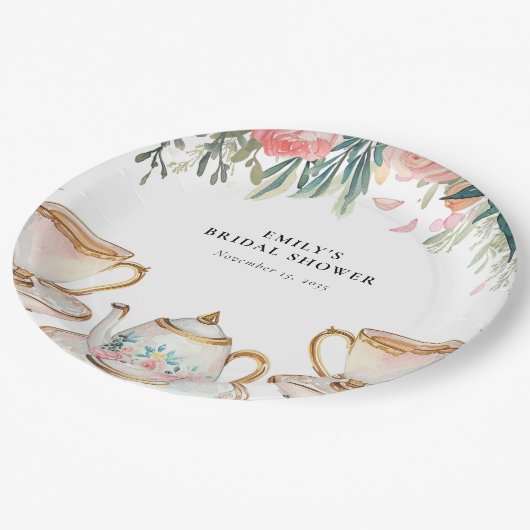 花を添えたエレガントなティーパーティーのウェディングシャワー ペーパープレート (アングル)