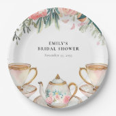 花を添えたエレガントなティーパーティーのウェディングシャワー ペーパープレート (正面)