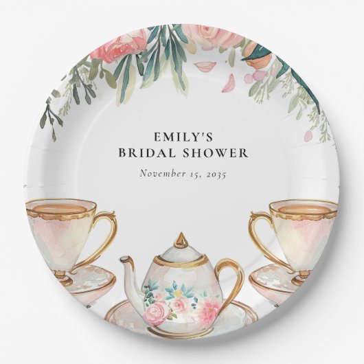 花を添えたエレガントなティーパーティーのウェディングシャワー ペーパープレート (正面)