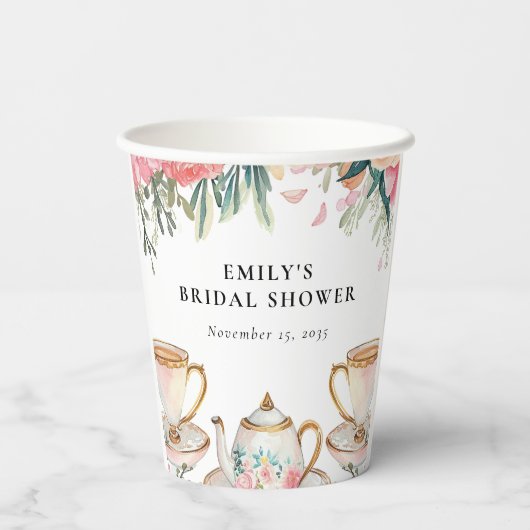 花を添えたエレガントなティーパーティーの花嫁シャワー 紙コップ (裏面)