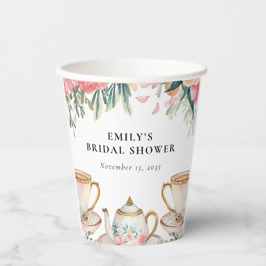 花を添えたエレガントなティーパーティーの花嫁シャワー 紙コップ (正面)