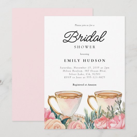 花を添えたエレガントなティーパーティー ウェディングシャワーの招待状 招待状 (正面/裏面)