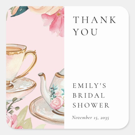花を添えたエレガントなティーパーティー ブライダルシャワー スクエアシール (正面)