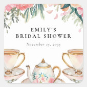 花を添えたエレガントなティーパーティー ブライダルシャワー スクエアシール (正面)