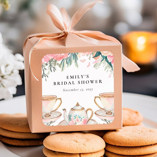 花を添えたエレガントなティーパーティー ブライダルシャワー スクエアシール