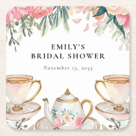 花を添えたエレガントなティーパーティー ブライダルシャワー スクエアペーパーコースター