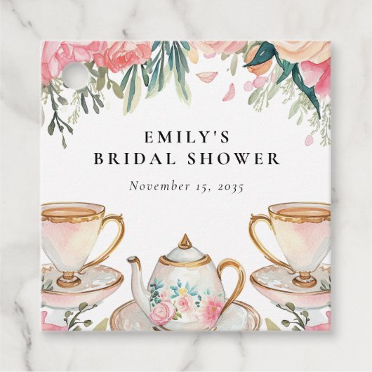 花を添えたエレガントなティーパーティー ブライダルシャワー フェイバータグ (正面)