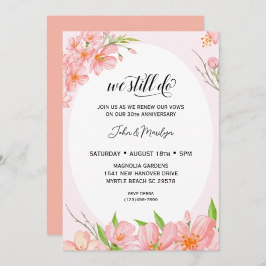 花を添えたエレガントな誓いの更新・アニバーサリーの招待状 招待状 (正面/裏面)