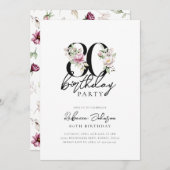 花を添えたエレガントな80歳の誕生日 招待状 (正面/裏面)