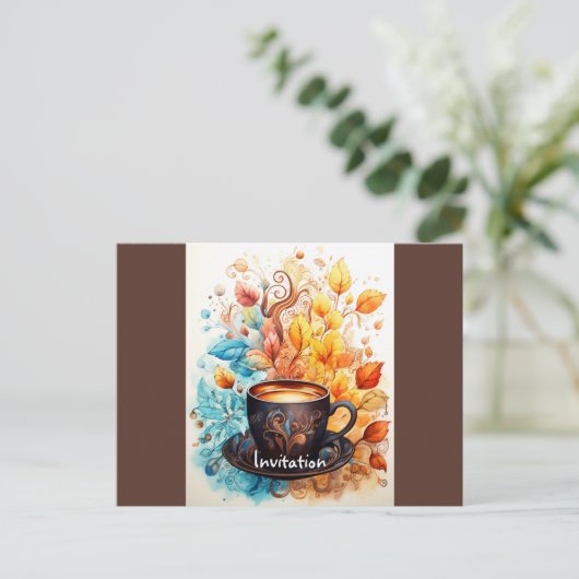 花を添えたコーヒーカップ インビテーションポストカード (スタンド正面)