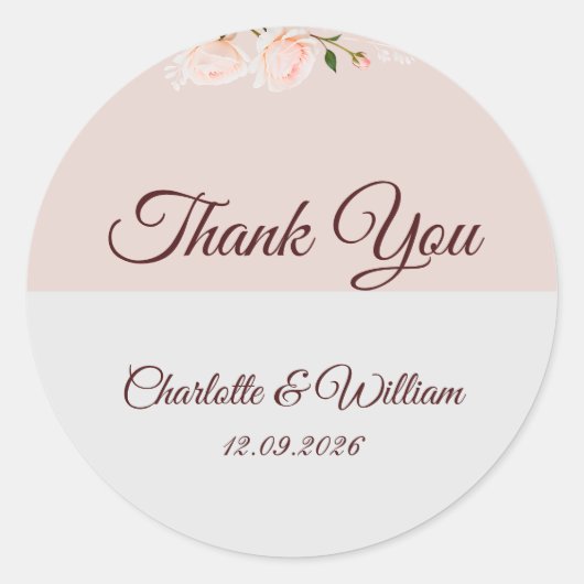 花を添えたソフトな紫とグレーのエフェクト ラウンドシール (正面)