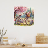 花を添えたビンテージ自転車が公園で水彩画 ポスター (キッチン)