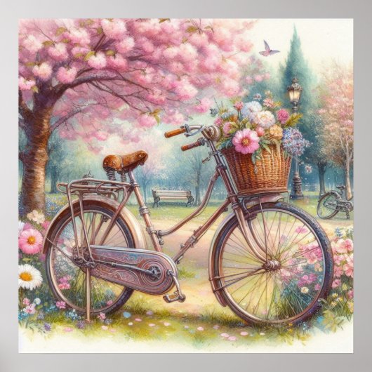 花を添えたビンテージ自転車が公園で水彩画 ポスター (正面)