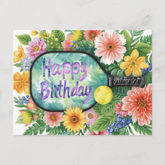 花を添えたピックルボール誕生日 ポストカード (正面)