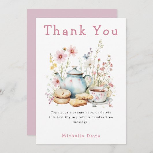 花を添えたブライダルシャワーティーパーティー サンキューカード (正面/裏面)