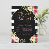 花を添えたモダンなブラック＆ホワイトストライプ ピンクの結婚前お茶会 招待状 (スタンド正面)