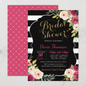 花を添えたモダンなブラック＆ホワイトストライプ ピンクの結婚前お茶会 招待状 (正面/裏面)